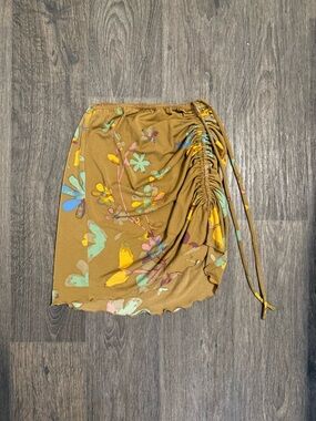 Urban Outfitters Mustard Floral Ruched Side Tie Mini Skirt